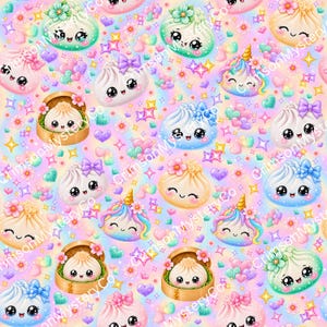 Könnte beinhalten: Ein sich wiederholendes Muster mit gedämpften Brötchen im Kawaii-Stil mit lächelnden Gesichtern, einige verziert mit Schleifen oder Blumen, durchsetzt mit bunten Herzen, funkelnden Sternen und Einhorn-Brötchen auf einem pastellfarbenen Regenbogenhintergrund.