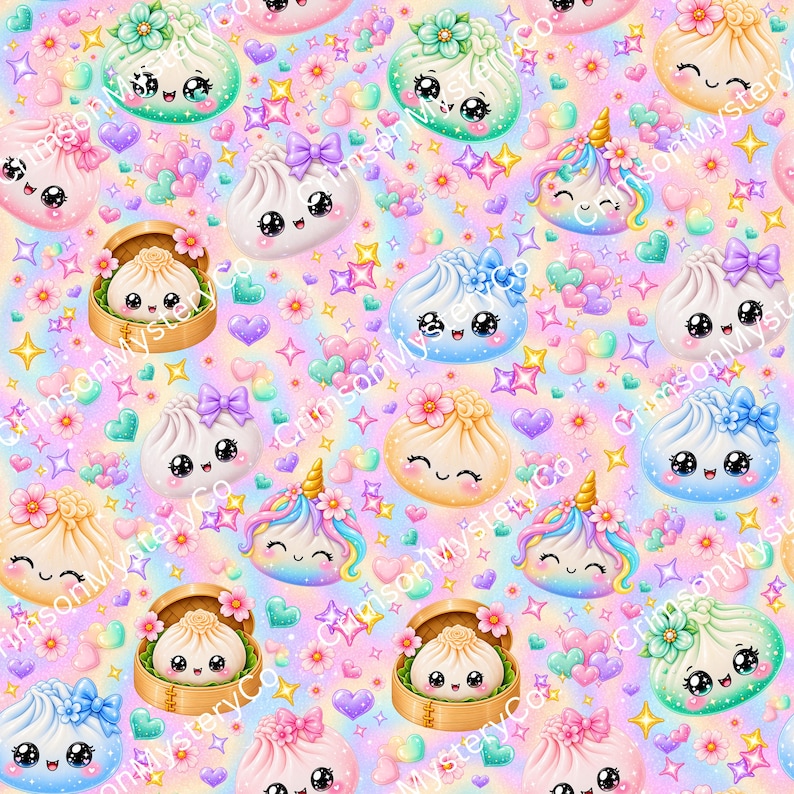 K&ouml;nnte beinhalten: Ein sich wiederholendes Muster mit ged&auml;mpften Br&ouml;tchen im Kawaii-Stil mit l&auml;chelnden Gesichtern, einige verziert mit Schleifen oder Blumen, durchsetzt mit bunten Herzen, funkelnden Sternen und Einhorn-Br&ouml;tchen auf einem pastellfarbenen Regenbogenhintergrund.