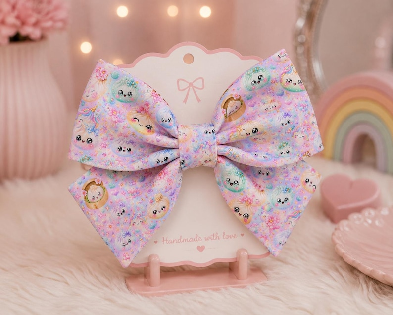 K&ouml;nnte beinhalten: Eine gro&szlig;e Haarschleife aus Stoff mit einem pastellfarbenen Muster aus Cartoon-Teigtaschen mit l&auml;chelnden Gesichtern, Blumen und Glitzer. Die Schleife ist auf einer hellrosa Pr&auml;sentationskarte mit dem aufgedruckten Text Handmade with love befestigt.