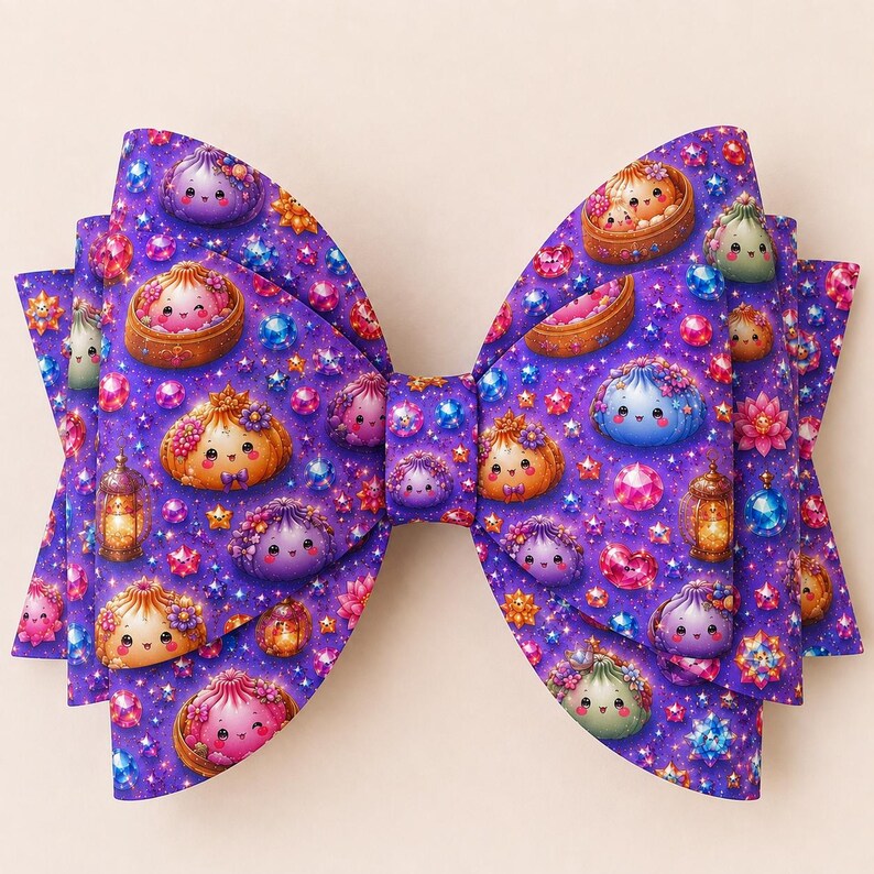 K&ouml;nnte beinhalten: Eine Haarschleife mit einem leuchtend violetten Hintergrund, der mit kleinen, l&auml;chelnden Kn&ouml;del-Figuren, leuchtenden Laternen und bunten, funkelnden Edelsteinen bedruckt ist. Das Design in Rosa-, Blau- und Oranget&ouml;nen bildet ein dichtes, sich wiederholendes Muster auf der gesamten Oberfl&auml;che.
