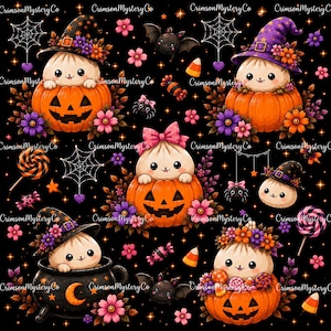May include: A pattern featuring cute round characters in witch hats sitting inside jack-o'-lanterns and a black cauldron, surrounded by spiderwebs, bats, candy, and colourful flowers on a black background with the text CrimsonMysteryCo.