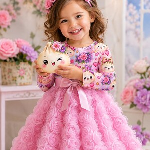 Puede incluir: Un vestido de manga larga con un estampado de dumplings de dibujos animados, corazones rosas y flores en el corpi&ntilde;o, combinado con una falda voluminosa cubierta de rosetas de tela rosa en capas. Un lazo de sat&eacute;n rosa est&aacute; atado en la cintura.