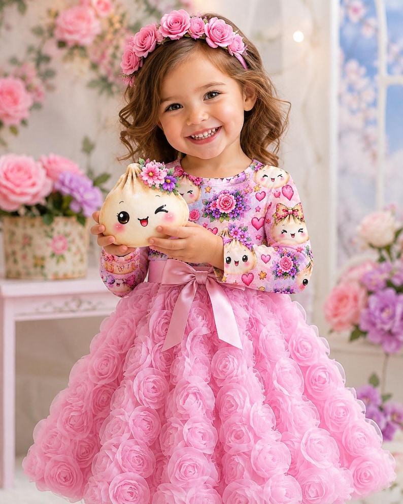 Puede incluir: Un vestido de manga larga con un estampado de dumplings de dibujos animados, corazones rosas y flores en el corpi&ntilde;o, combinado con una falda voluminosa cubierta de rosetas de tela rosa en capas. Un lazo de sat&eacute;n rosa est&aacute; atado en la cintura.