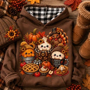 Könnte beinhalten: Ein brauner Kapuzenpullover mit schwarz-weiß kariertem Innenfutter, bedruckt mit Cartoon-Figuren, Kürbissen, einem Truthahn, einem Kuchen und einem Cupcake. Die Tassen tragen die Aufschriften "THANKFUL" und "PUMPKIN SPICE & EVERYTHING NICE".