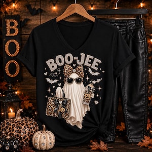 May include: A black V-neck t-shirt featuring a graphic of a ghost wearing a leopard print bow and sunglasses, holding a leopard print handbag and a matching drink cup. The text BOO-JEE is printed above the ghost in a sparkling font.