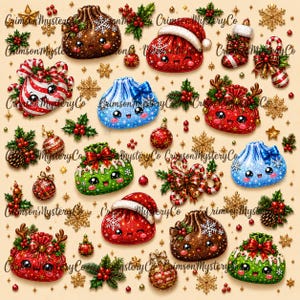 Op de afbeelding: Een verzameling feestelijke illustraties met een vakantiethema, met lachende, ronde figuren in rood, groen, blauw en bruin, geaccentueerd met kerstmutsen, rendiergeweien, strikken, hulst, dennenappels, zuurstokken en gouden sneeuwvlokken.