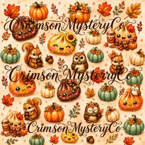 May include: A repeating pattern featuring cute cartoon pumpkins, squirrels, and owls with glittery textures, interspersed with autumn leaves, acorns, and berries on a cream background. The text Crimson MysteryCo is overlaid across the image.