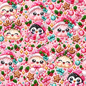 Puede incluir: Un patrón repetitivo sobre un fondo rosa claro que presenta personajes de dibujos animados con gorros de Papá Noel, pingüinos con bufandas a rayas, galletas de jengibre, bastones de caramelo, acebo, adornos rosas y azules y estrellas.