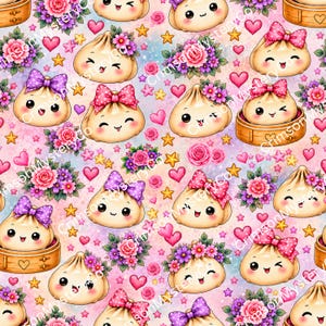 Könnte beinhalten: Ein sich wiederholendes Muster aus Cartoon-Teigtaschen mit lächelnden Gesichtern, einige mit gepunkteten Schleifen oder Blumenkränzen, durchsetzt mit rosa Rosen, violetten Blumen, kleinen gelben Sternen und rosa Herzen auf einem Pastellhintergrund.