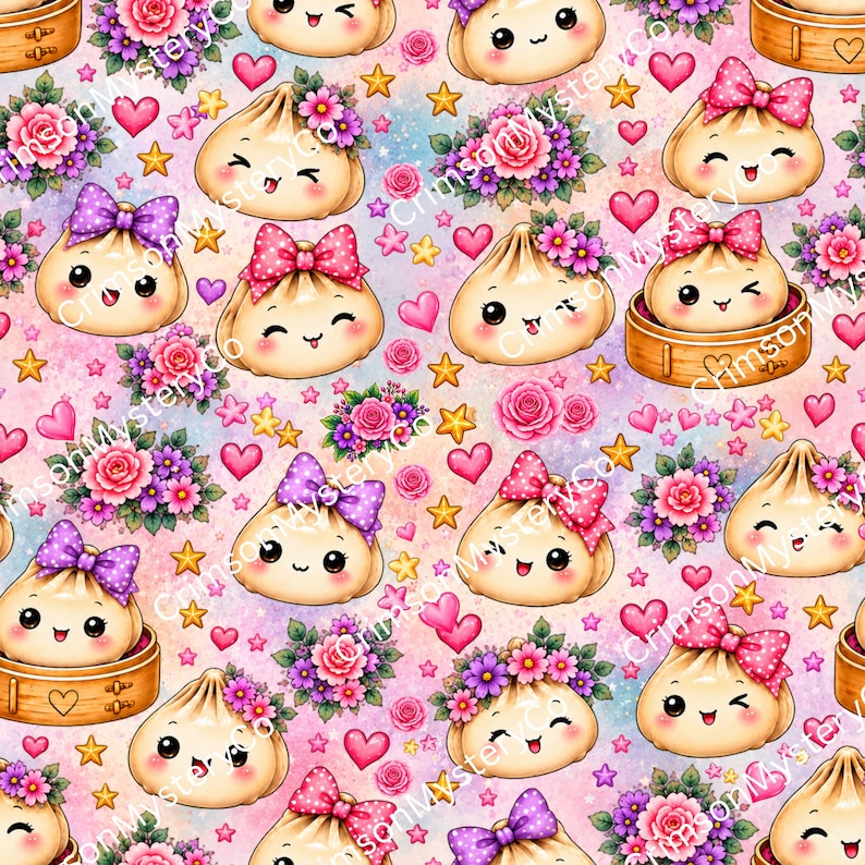 Puede incluir: Un patr&oacute;n repetitivo de dumplings de dibujos animados con caras sonrientes, algunos con lazos de lunares o coronas de flores, intercalados con rosas rosas, flores moradas, peque&ntilde;as estrellas amarillas y corazones rosas sobre un fondo pastel.