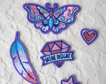 Iron On Applique Patches Butterfly Gem Star Heart Feather Embroidery Purple Pink Blue White, Quantity 5 DIY Crafts