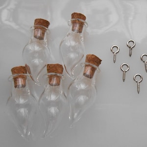 Mini Glass Teardrop Bottle Clear Curved Tip Potion Perfume Cork Vial Wish Necklace with Bails, Fillable DIY 5 Pcs