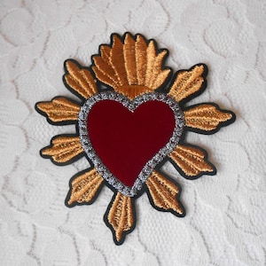 Heart Iron On Applique Patch Gold Metallic & Red Velveteen Miracle 3-3/4&quot; x 3-1/2&quot; Embroidery Qty 1 DIY Mexican Sacred Heart Valentines Day