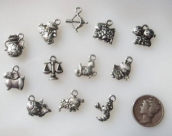 Zodiac Charms Antiqued Silver Alloy, One of Each Sign, Set of 12 Astrology Signs