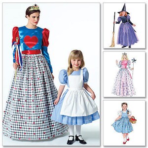 Puede incluir: Imagen de patrones de disfraces para mujeres y niños. Los patrones incluyen una reina, Alicia en el país de las maravillas, una bruja, un hada y Dorothy de El Mago de Oz. Los disfraces son coloridos y detallados, perfectos para Halloween o para disfrazarse.