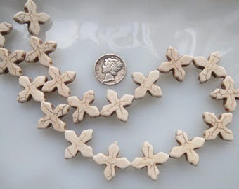 White Turquoise Howlite Cross Beads 20x20mm Half Strand