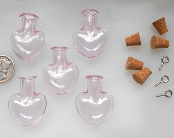 Mini Glass Heart  Bottles Pendants Light Pink  Potion Perfume Cork Vial Wish Necklace 21 x 27mm with Bails, Fillable DIY 5 Pcs