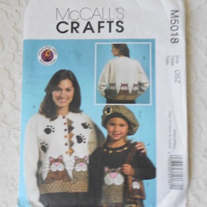 McCalls Crafts M5018 Sewing Pattern Cat Appliques for Purchased Sweater, Kitty Purse, Beret One Size Adults and Children