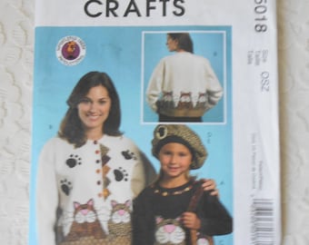 McCalls Crafts M5018 Sewing Pattern Cat Appliques for Purchased Sweater, Kitty Purse, Beret One Size Adults and Children