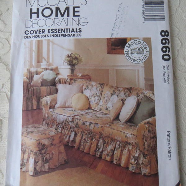 McCalls 8660 Sewing Pattern Home Decor Sofa Chair & Ottoman Covers Throw Pillows OOP