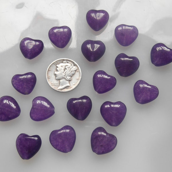 Purple Jade Heart Shape 10 Individual Beads 12mm Size Top to Bottom Center Drilled