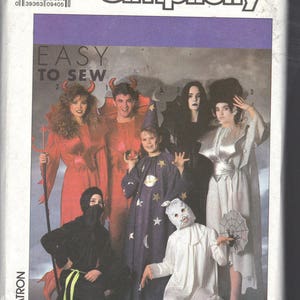 May include: Simplicity sewing pattern number 9304 for Halloween costumes. The pattern includes five costumes: a devil, a witch, a ghost, a wizard, and a ninja. The pattern is labeled "Easy to Sew" and is for sizes X-Small to Large.