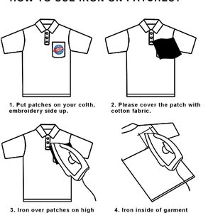 May include: A four-step guide on how to use an iron to apply patches to clothing. The guide shows a white polo shirt with a patch on the pocket, a cotton fabric covering the patch, an iron pressing down on the patch, and an iron pressing down on the inside of the garment.