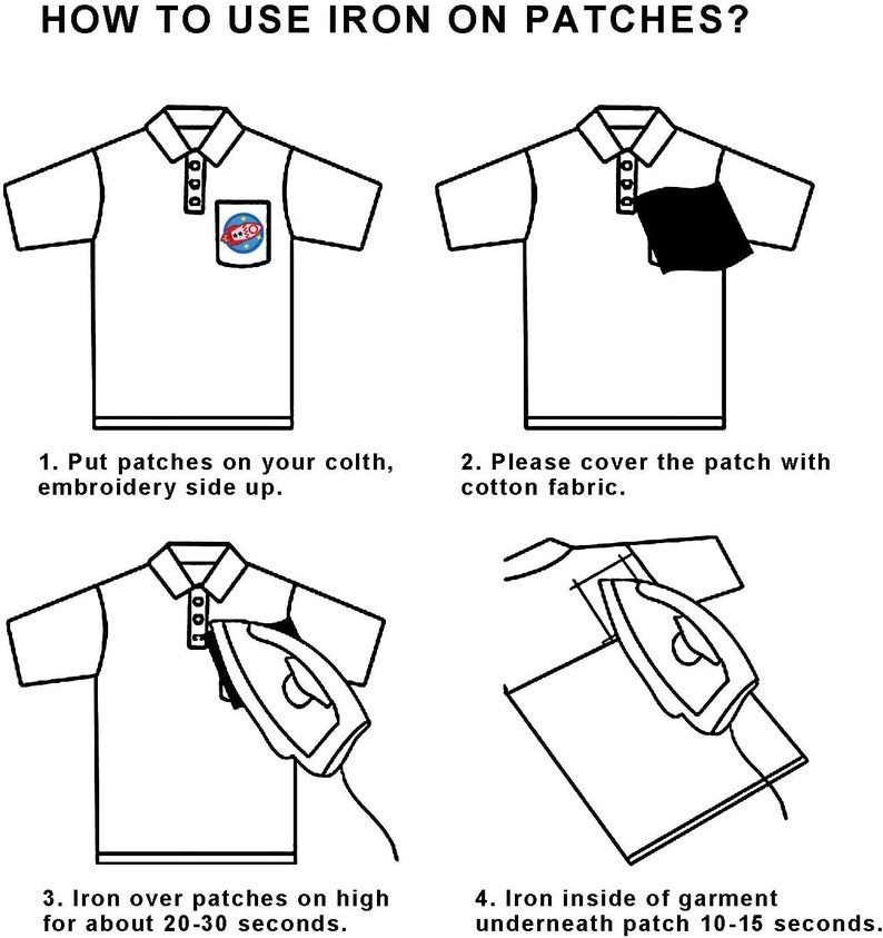 May include: A four-step guide on how to use an iron to apply patches to clothing. The guide shows a white polo shirt with a patch on the pocket, a cotton fabric covering the patch, an iron pressing down on the patch, and an iron pressing down on the inside of the garment.