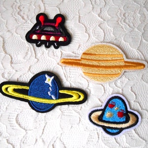 Iron On Applique Patches 3 Ringed Planets & 1 Spaceship Comet Outer Space Embroidery Quantity 4 DIY Crafts Clothing Denim Decoration