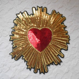 Iron On Applique Patch Heart Sequins Gold and Red Miracle Milagro Large 8 Inches Embroidery Quantity 1 DIY Crafts