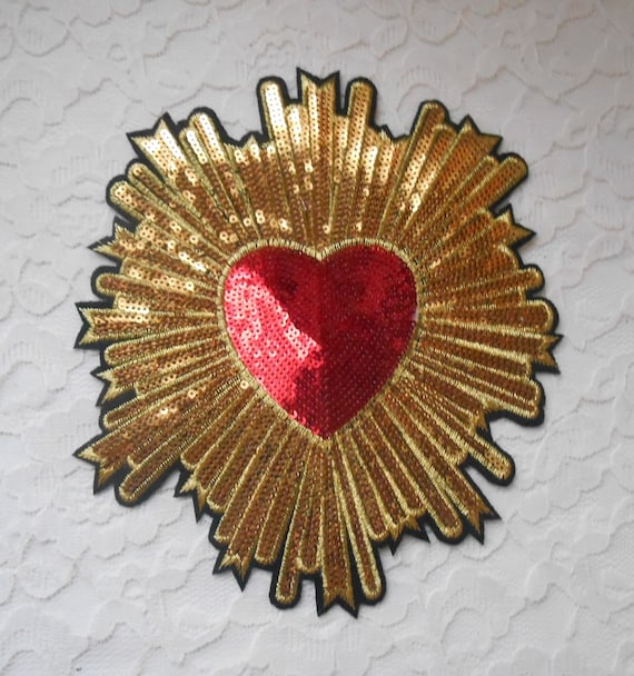 Iron On Applique Patch Heart Sequins Gold and Red Miracle Milagro Large 8 Inches Embroidery Quantity 1 DIY Crafts