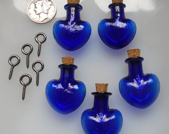Mini Glass Heart Bottles Cobalt Blue Potion Perfume Cork Vial Wish Necklace with Bails, Fillable DIY 5 Pcs, 21 x 26mm