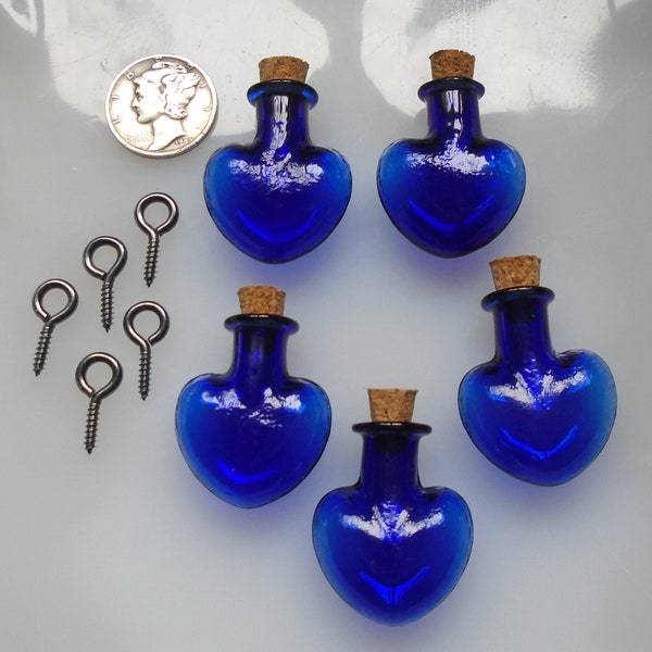 Mini Glass Heart Bottles Cobalt Blue Potion Perfume Cork Vial Wish Necklace with Bails, Fillable DIY 5 Pcs, 21 x 26mm