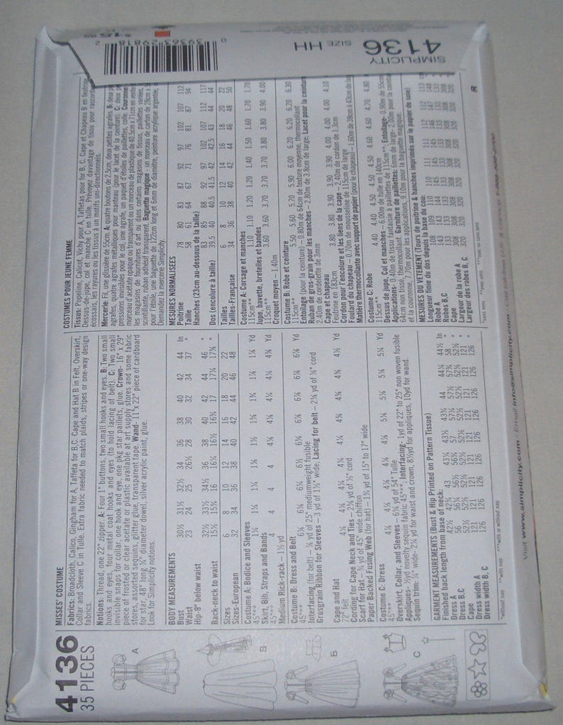 Simplicity 4136 Wizard of Oz, Glinda, Dorothy, Wicked Witch Costume Patterns Misses Size R5 14-16-18-20-22 Out of Print 2006 image 4