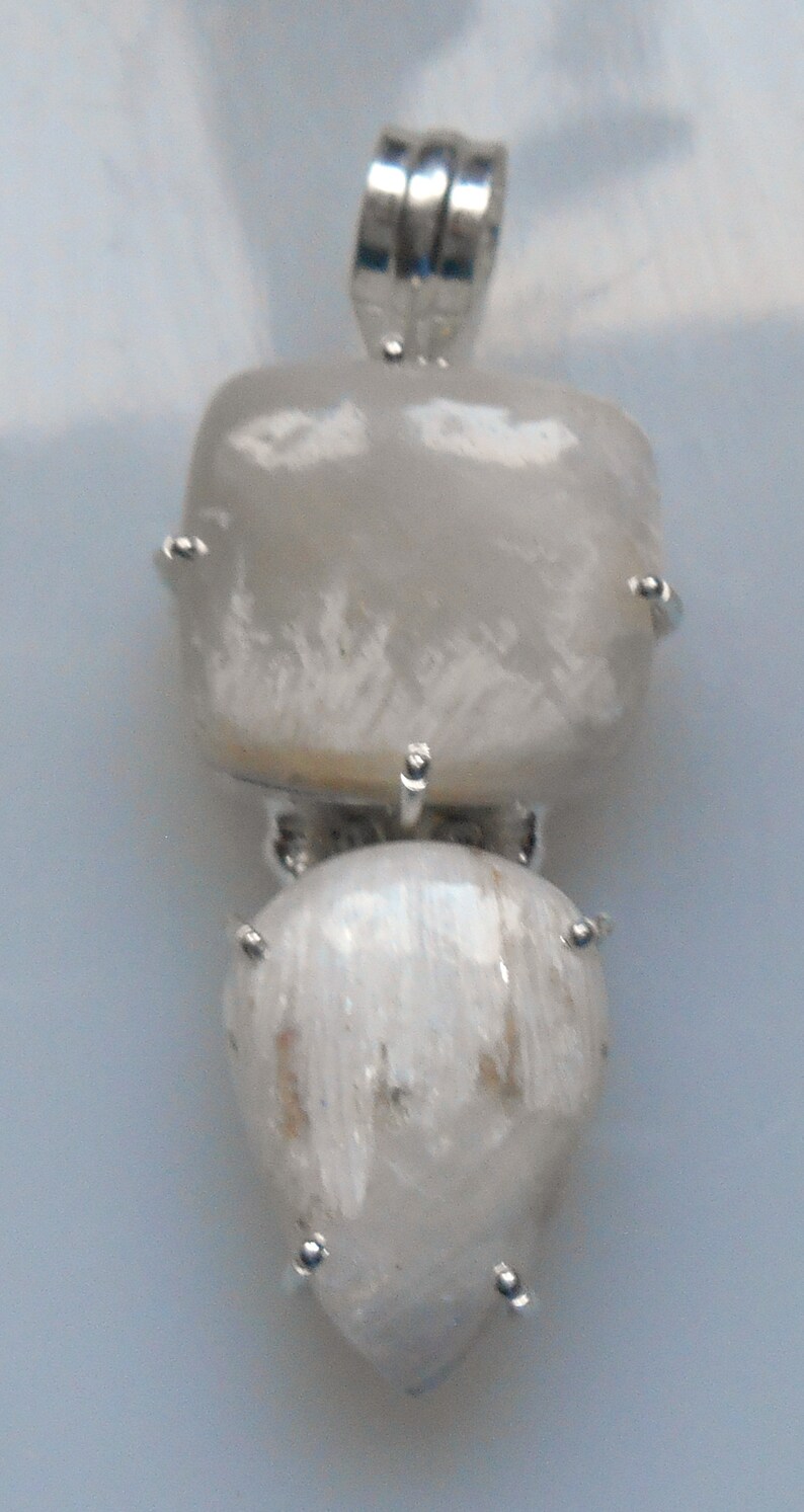 White Scolecite Pendant with 2 Cabochons in Silverplate 20mm x 40mm Ready to String with Bail for Necklace