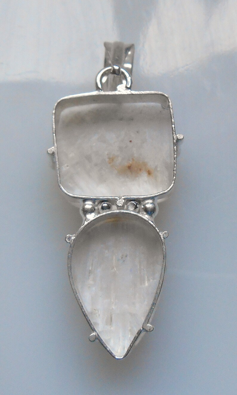 White Scolecite Pendant with 2 Cabochons in Silverplate 20mm x 40mm Ready to String with Bail for Necklace