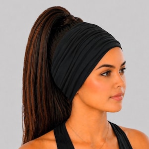 Faixa de cabelo preta franzida, faixa de cabelo extra larga, faixa de cabelo para ioga, faixa de cabelo para corrida, faixa de cabelo para exercícios, faixa de cabelo feminina, faixa de cabelo masculina