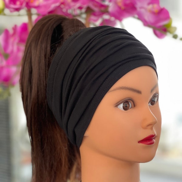 Black Scrunch Headband, Extra  Wide Headband, Yoga Headband, Running Headband, Workout Headband, Women Headband, Men Headband