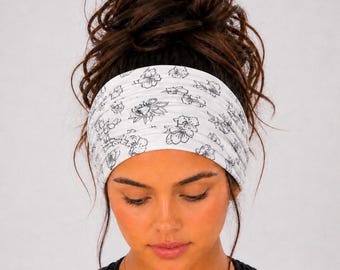 Floral Scrunch Headband, Extra Wide Headband,  Nurse Headband, Boho Headband, Buttons Headband, wide Headband, Black/White