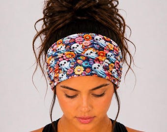 Floral Ghost Halloween Headband, Extra Wide Headband, Fall Headband