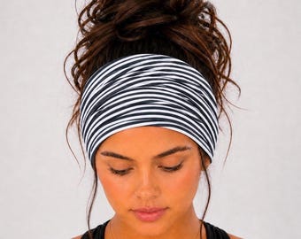 Black/White Extra Wide Scrunch Headband, Scrunch Headband, Stripes Headband, Cotton Headband, Nonslip Headband, Wide Headband