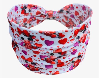 Valentine’s Headband, Valentine’s Knotted Headband, Extra Wide Headband, Twist Headband, Yoga Headband, Cow Printed Headband
