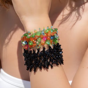 Wide Beaded Cuff Bracelet | Gemstone Chip Stretch Band | Women's Multi Colour Jewellery