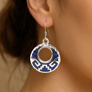 Serpent Tail Design Earrings - Round Silver Plated Dangle Earrings, Opal Inlay, Handmade Mexican Jewellery