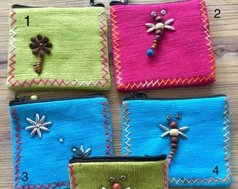 Hand Decorated Coin Purses- Padded Coin Purse- Boho Chic Coin Bag- Zippered Purse- Hippie Pouch- Ethnic purse- Credit card Holder