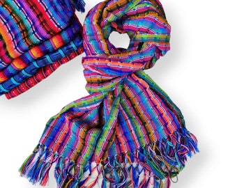 Handwoven Multicolour Striped Scarf - Fringed Wrap -  Long Scarf with Tassels - Bohemian Gift - Colorful Stripes-Cotton Scarf- Handmade