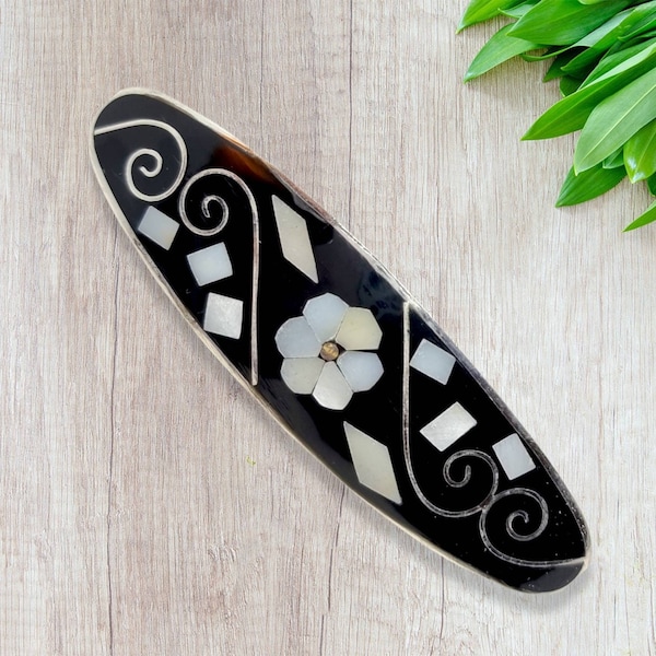 Mother of Pearl Hair Barrette, Black Colour, Flower Design, Abalone Shell Hair Clip, Silver Plated, Mexican Jewelry, Shell Hair Jewellery