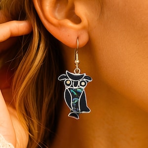 Abalone Shell Owl Earrings Handmade in Mexico – Unique Black Enamel Inlay Dangle Earrings with Animal Shaped - Gift For Animal Lovers