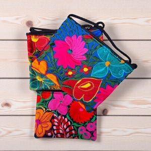 Rectangular Shaped Slim Crossbody Purse Bag with Multicoloured Embroidered Floral Designs And Lightweight Cotton Material Boho Hippie Bag