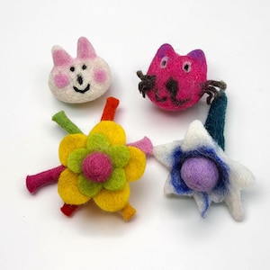 Felted Wool Brooch, Cat Flower Design, Made in Nepal, Animal Lover Gift